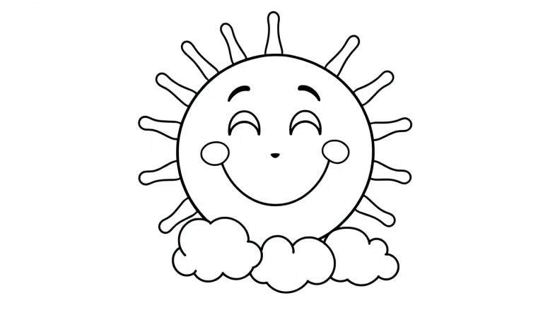 A happy sun with a smiling face and rays, set against a color panel background with clouds below, ready for coloring.