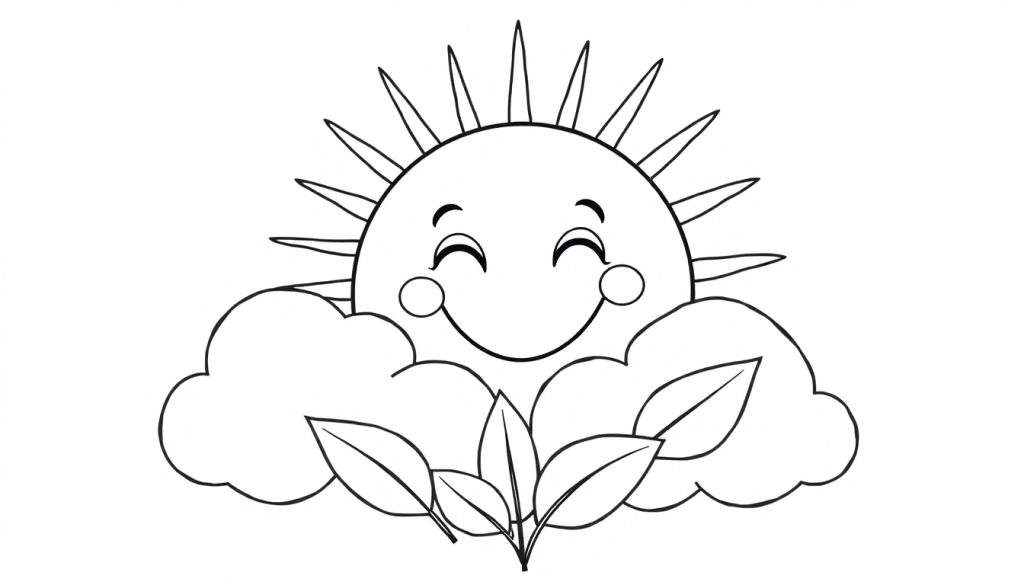 A smiling sun peeking from behind a cloud with leaves in front, a fun color panel illustration.
