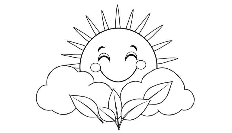 A smiling sun peeking from behind a cloud with leaves in front, a fun color panel illustration.
