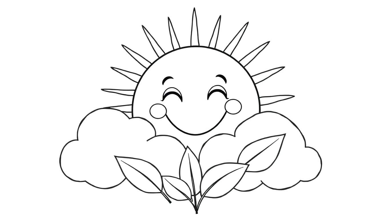 A smiling sun peeking from behind a cloud with leaves in front, a fun color panel illustration.