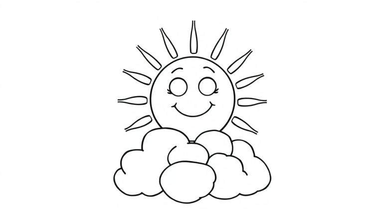 A happy sun with a smiling face peeking from behind fluffy clouds, ready for the color panel.