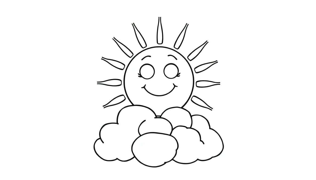 A happy sun with a smiling face peeking from behind fluffy clouds, ready for the color panel.
