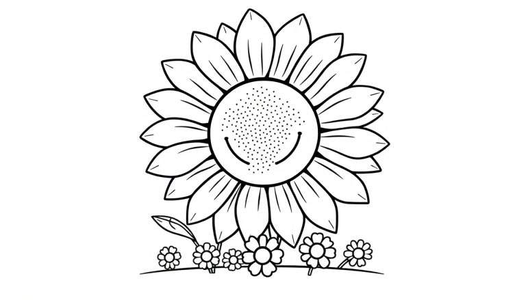 A smiling sunflower in a black and white outline color panel with small daisies.