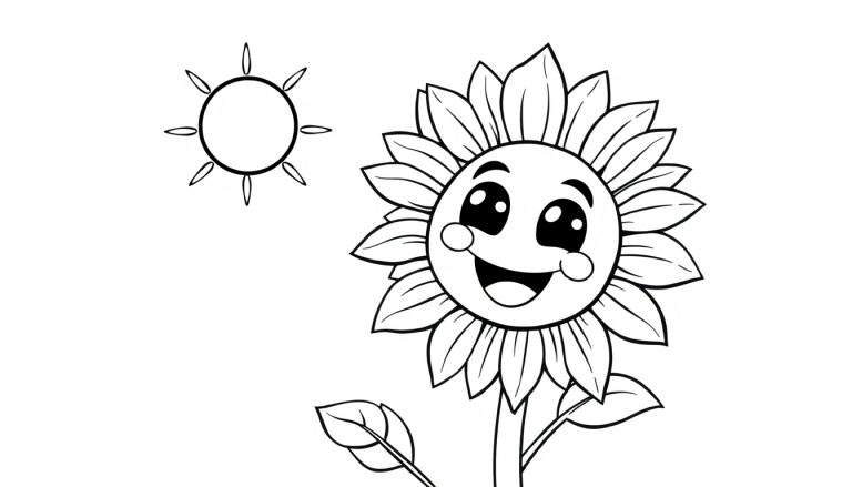 A cheerful black and white cartoon sunflower smiling at the sun, ready for a color panel.