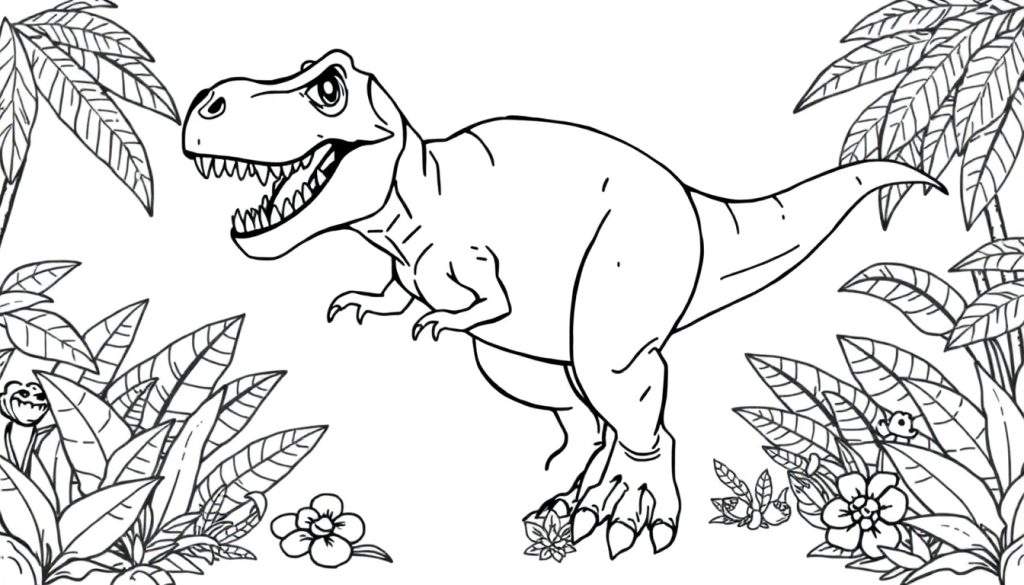 A happy T-Rex enjoying a jungle scene on a color panel.