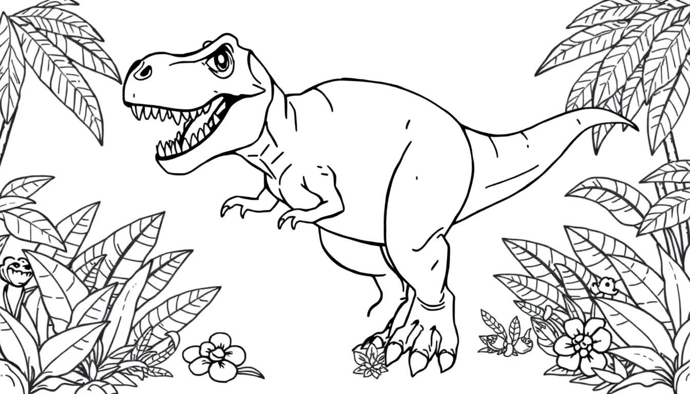 A happy T-Rex enjoying a jungle scene on a color panel.