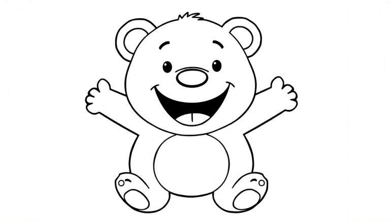 A cheerful teddy bear coloring page, a happy bear with its arms up, part of our color panel collection.