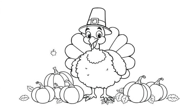 A cute turkey in a pilgrim hat on a black and white color panel, surrounded by pumpkins and falling leaves, ready for coloring.