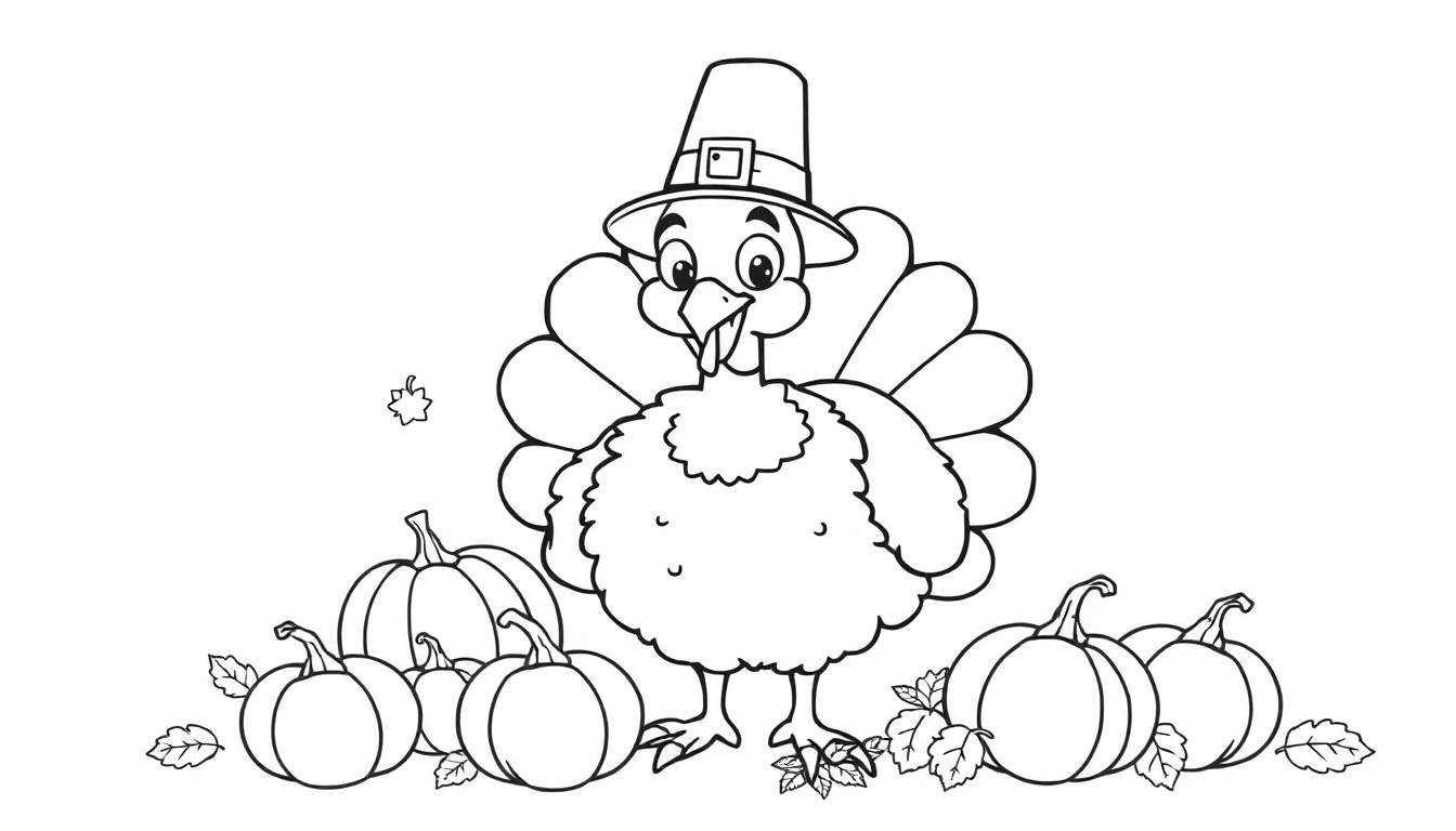 A cute turkey in a pilgrim hat on a black and white color panel, surrounded by pumpkins and falling leaves, ready for coloring.
