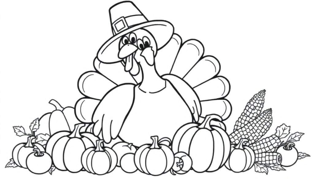 A cute black and white Thanksgiving coloring page, featuring a happy turkey in a pilgrim hat and a cornucopia overflowing with autumn treats. This color panel is perfect for little artists!