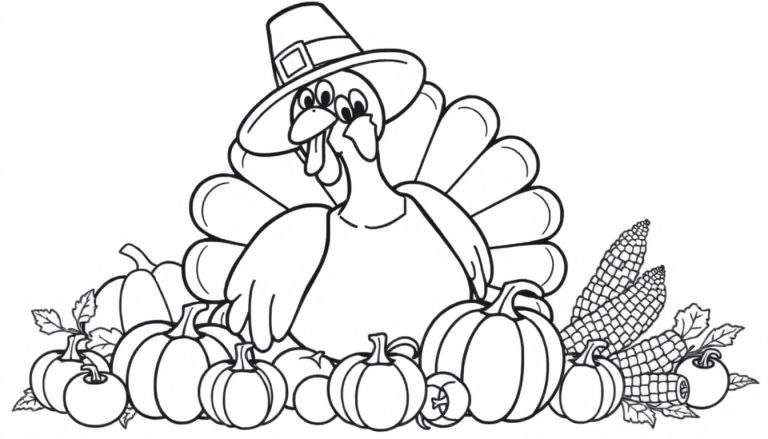 A cute black and white Thanksgiving coloring page, featuring a happy turkey in a pilgrim hat and a cornucopia overflowing with autumn treats. This color panel is perfect for little artists!