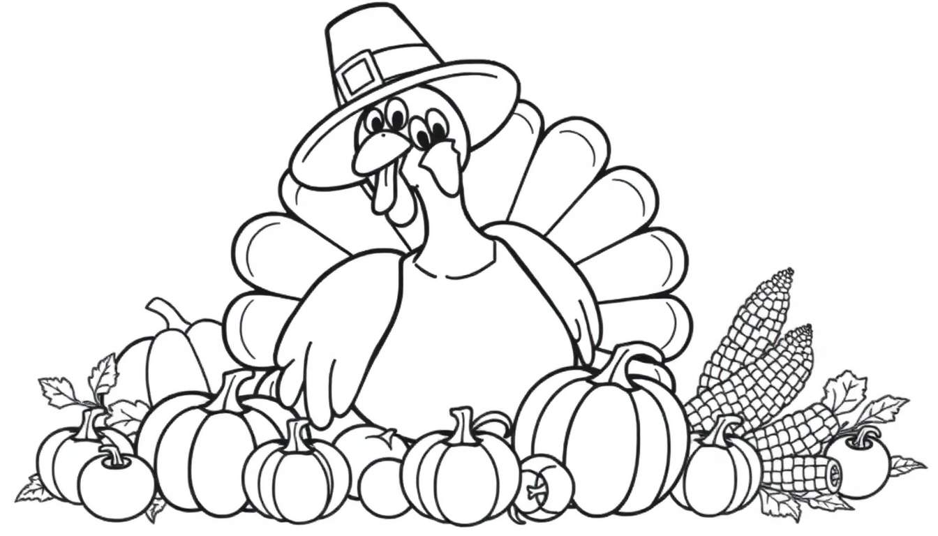 A cute black and white Thanksgiving coloring page, featuring a happy turkey in a pilgrim hat and a cornucopia overflowing with autumn treats. This color panel is perfect for little artists!