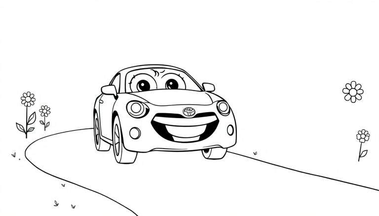 A happy Toyota car smiling on a road, a black and white coloring page color panel.