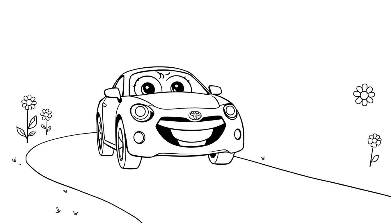 A happy Toyota car smiling on a road, a black and white coloring page color panel.