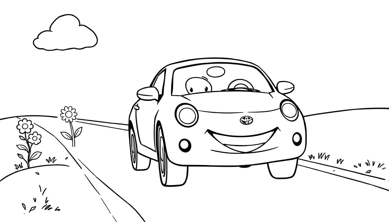 A happy black and white cartoon Toyota car with a smiling face, on a road with flowers and grass, a color panel for kids.