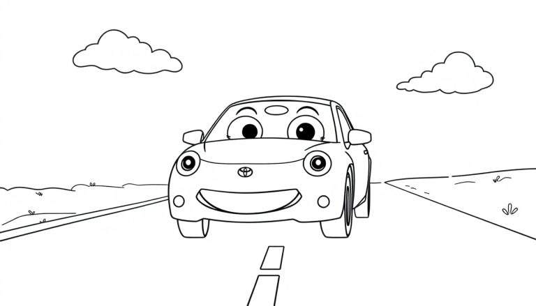 A happy Toyota car with friendly eyes and a smiling bumper, driving on a road. This is a coloring panel.