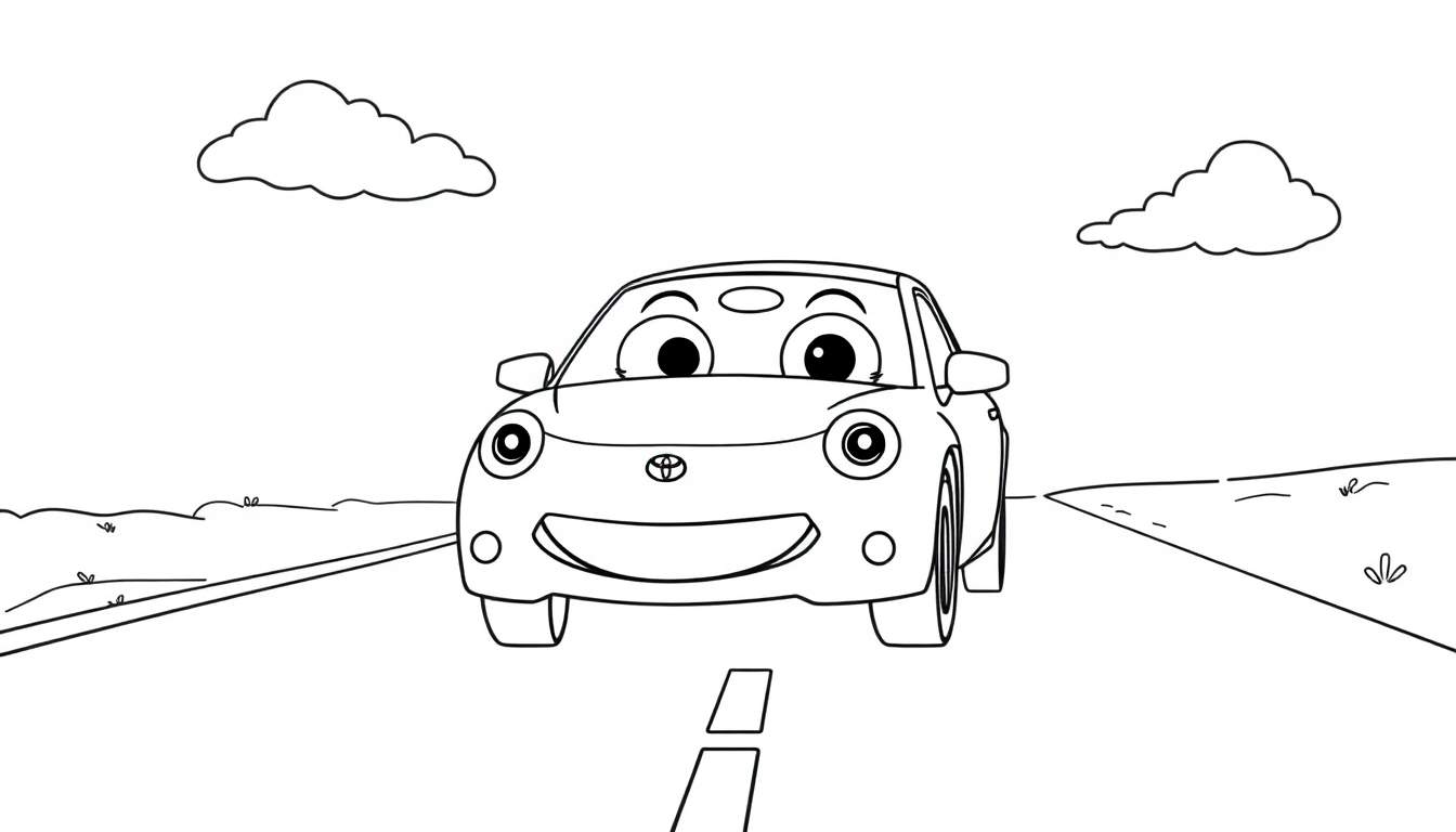 A happy Toyota car with friendly eyes and a smiling bumper, driving on a road. This is a coloring panel.