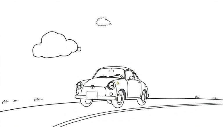 A cute black and white coloring page of a happy Toyota car driving on a road with fluffy clouds, a fun color panel for kids.