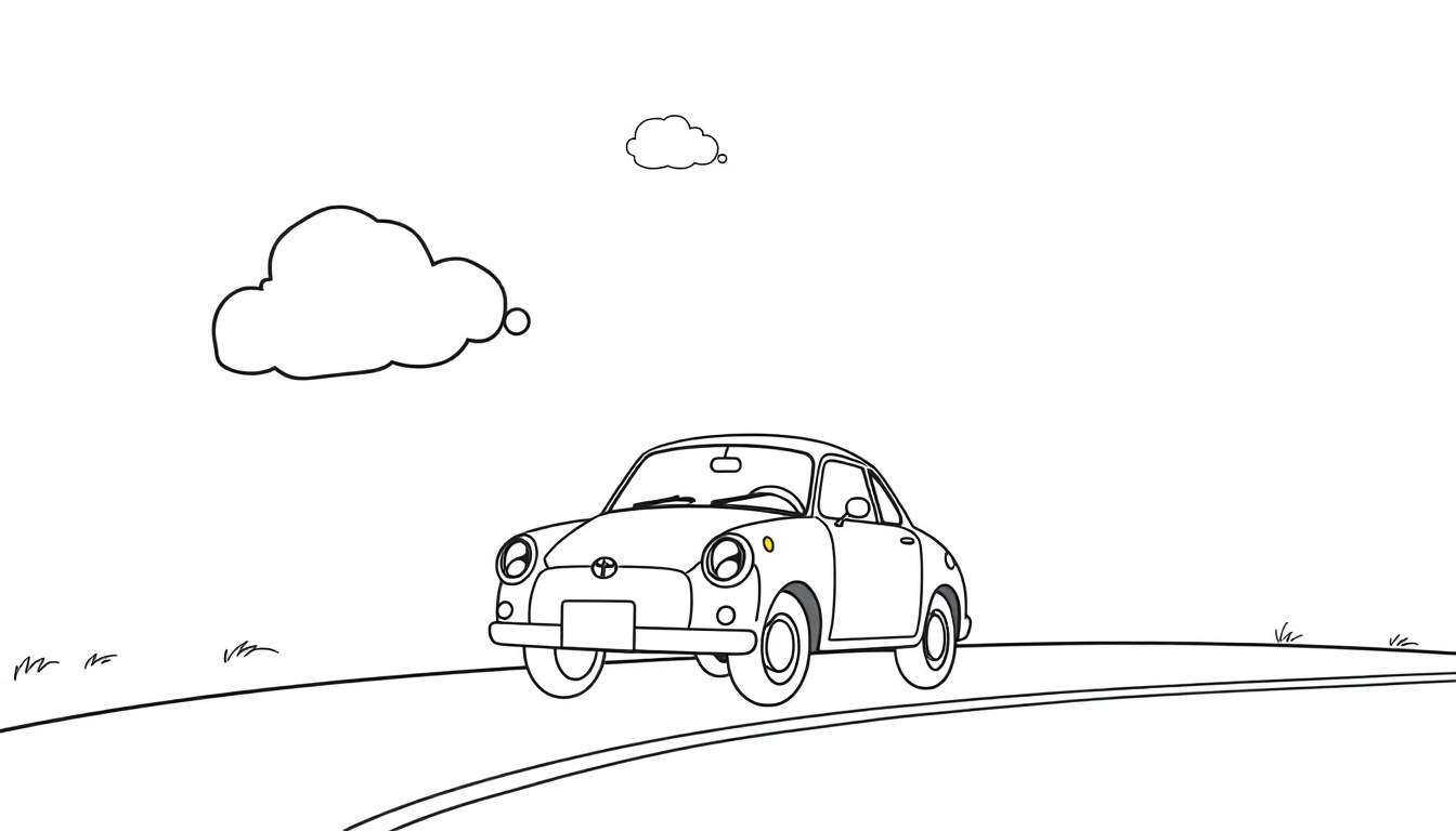 A cute black and white coloring page of a happy Toyota car driving on a road with fluffy clouds, a fun color panel for kids.