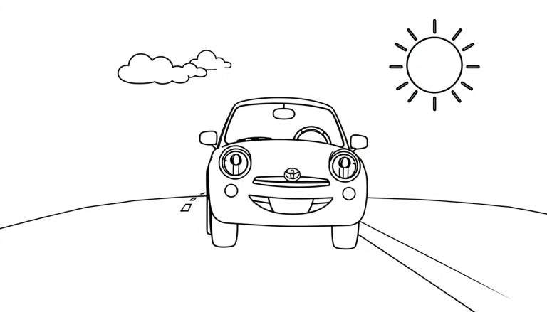 A friendly black and white coloring page color panel of a cute Toyota car driving down a sunny road with happy clouds.