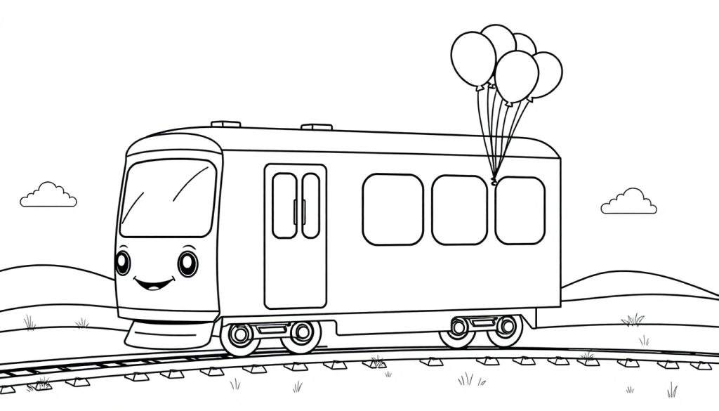 A happy cartoon train on a track, ready for coloring. This color panel features a friendly train with a smiling face and balloons, waiting for little artists to bring it to life.