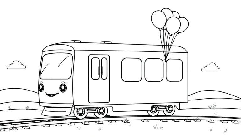 A happy cartoon train on a track, ready for coloring. This color panel features a friendly train with a smiling face and balloons, waiting for little artists to bring it to life.
