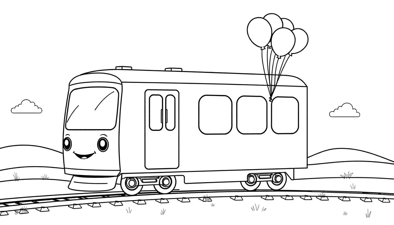 A happy cartoon train on a track, ready for coloring. This color panel features a friendly train with a smiling face and balloons, waiting for little artists to bring it to life.