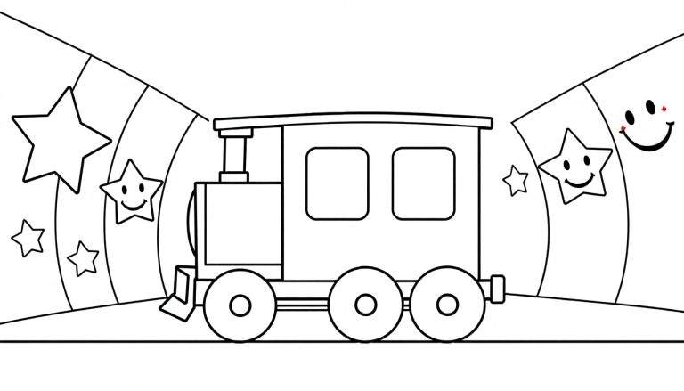A happy cartoon train with smiling stars and faces in a tunnel, ready for the color panel.