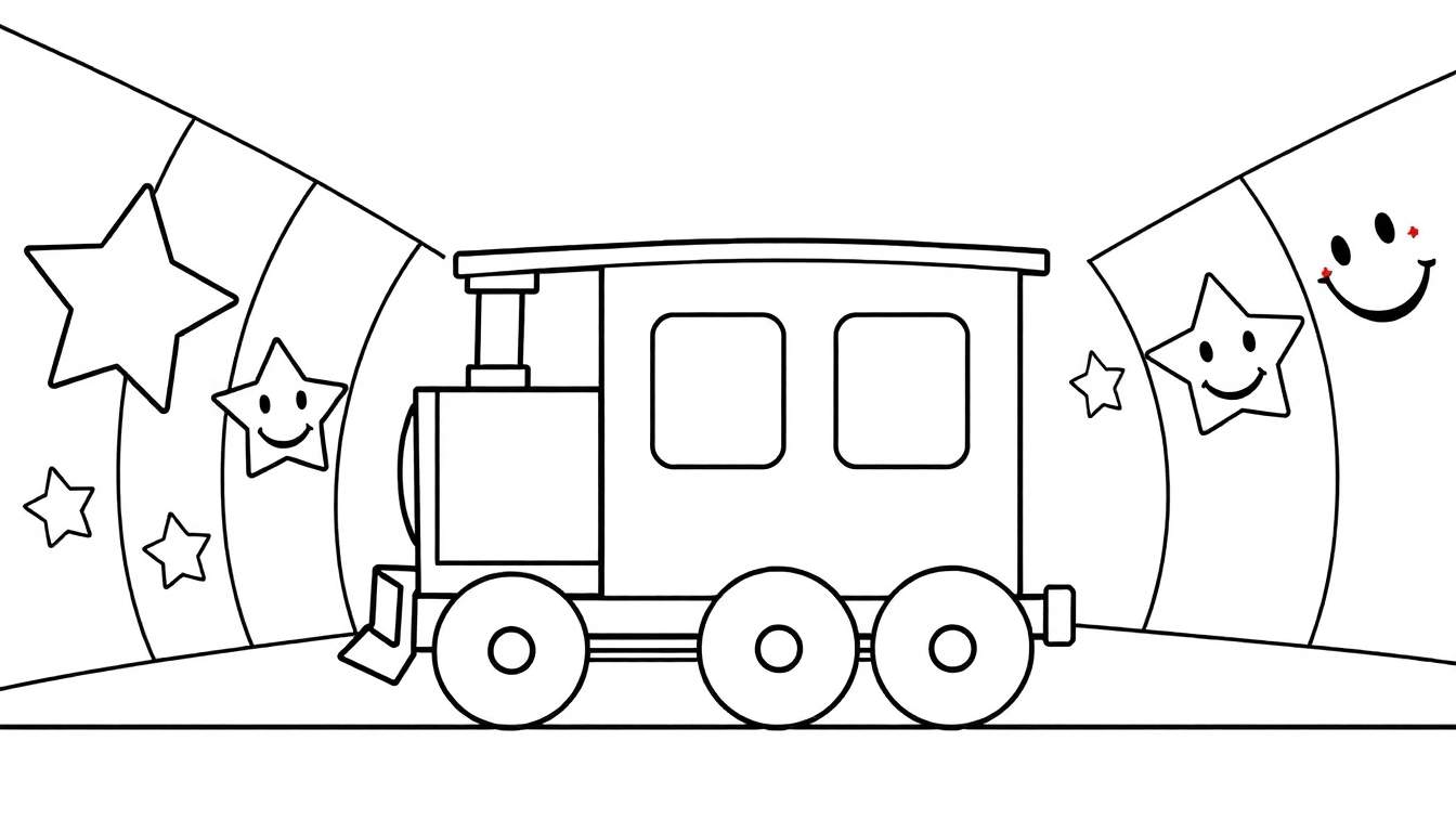 A happy cartoon train with smiling stars and faces in a tunnel, ready for the color panel.