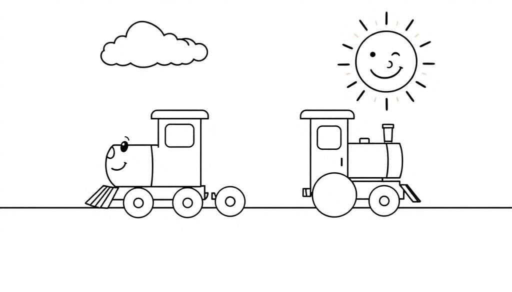 A black and white cartoon color panel showing two trains, one with a happy face and the other with a round tank, on a track under a cloud and a smiling sun.