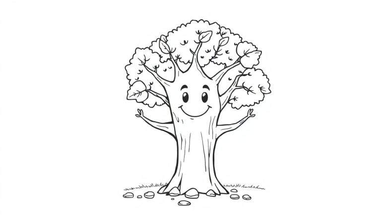 A happy cartoon tree with a friendly face and leafy branches, ready for coloring from a color panel.