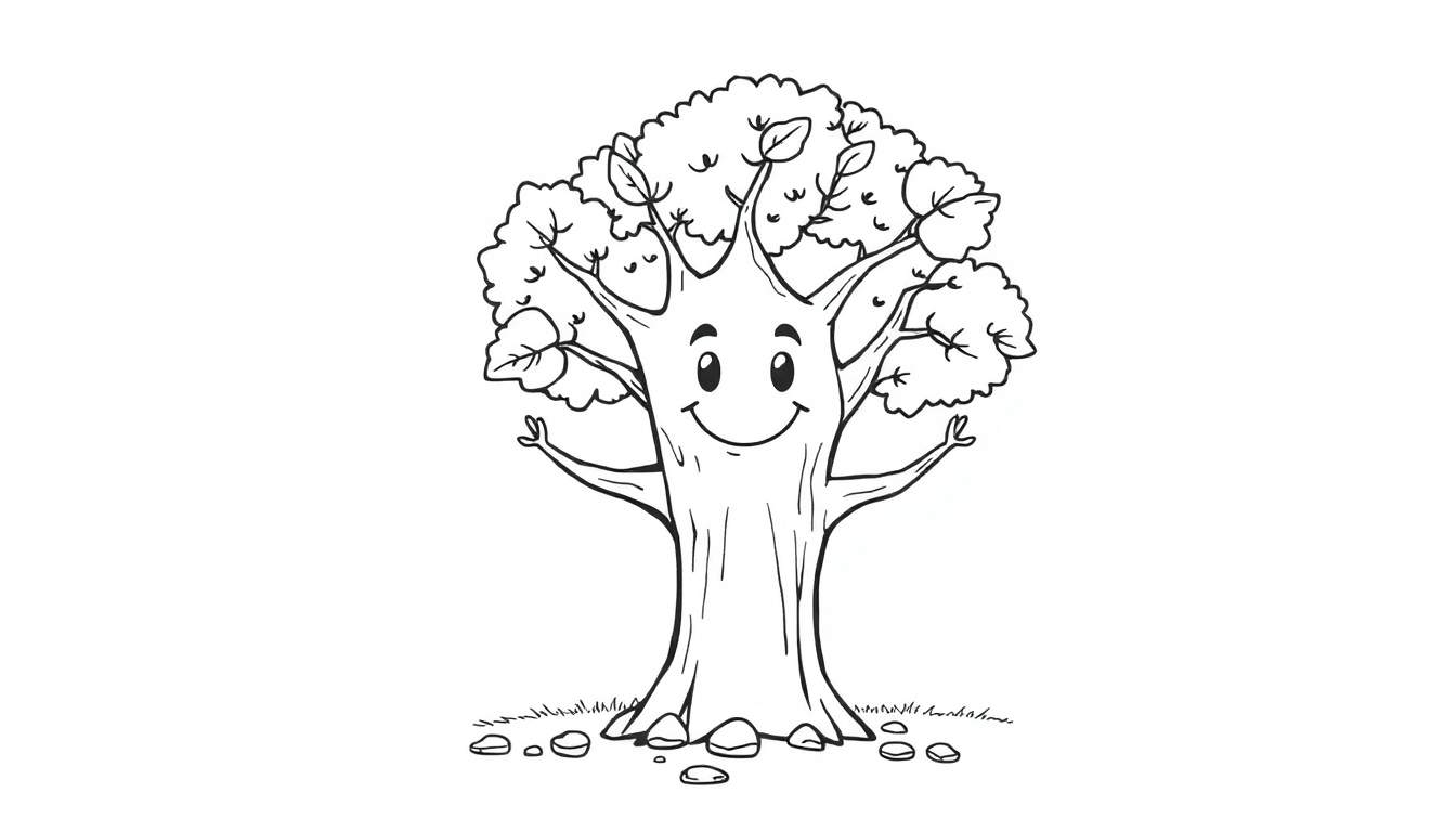 A happy cartoon tree with a friendly face and leafy branches, ready for coloring from a color panel.