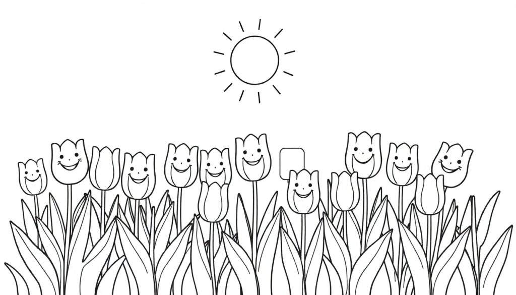 A black and white color panel with smiling tulips under a cheerful sun.