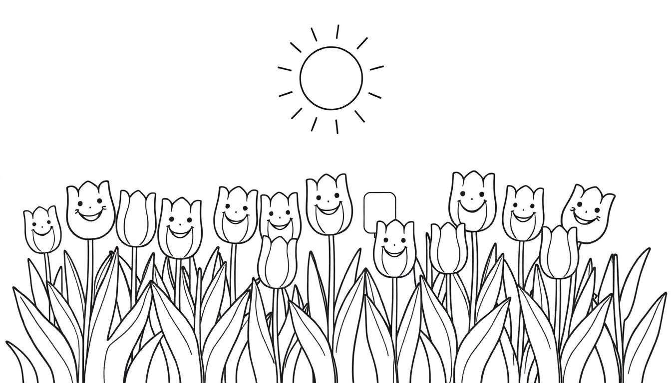 A black and white color panel with smiling tulips under a cheerful sun.