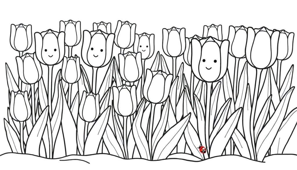 A black and white drawing of a tulip field with smiley faces and a ladybug, a delightful color panel for imagination.