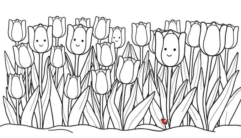 A black and white drawing of a tulip field with smiley faces and a ladybug, a delightful color panel for imagination.