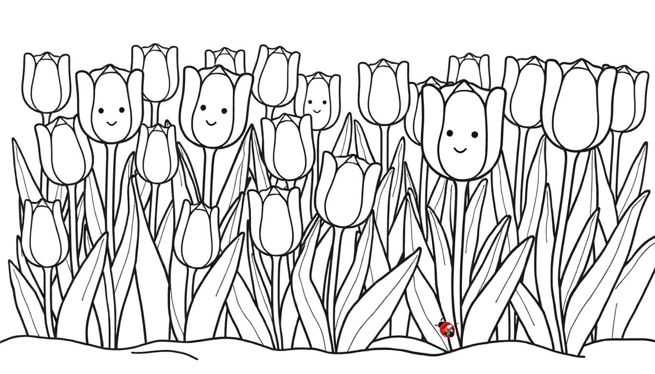 A black and white drawing of a tulip field with smiley faces and a ladybug, a delightful color panel for imagination.