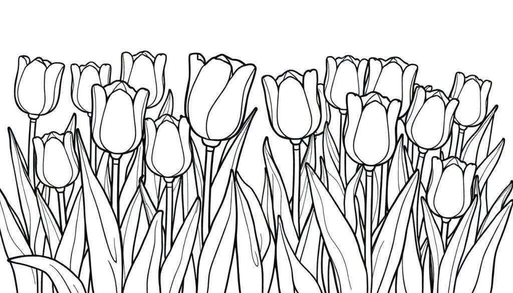 A black and white drawing of a field of tulips in various stages of bloom, ready for a color panel.