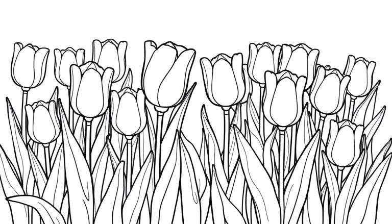 A black and white drawing of a field of tulips in various stages of bloom, ready for a color panel.