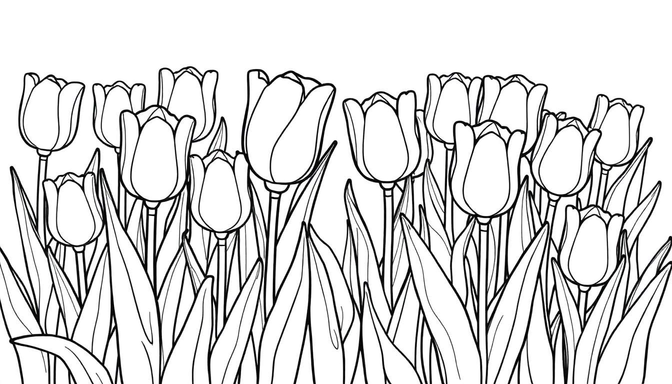 A black and white drawing of a field of tulips in various stages of bloom, ready for a color panel.
