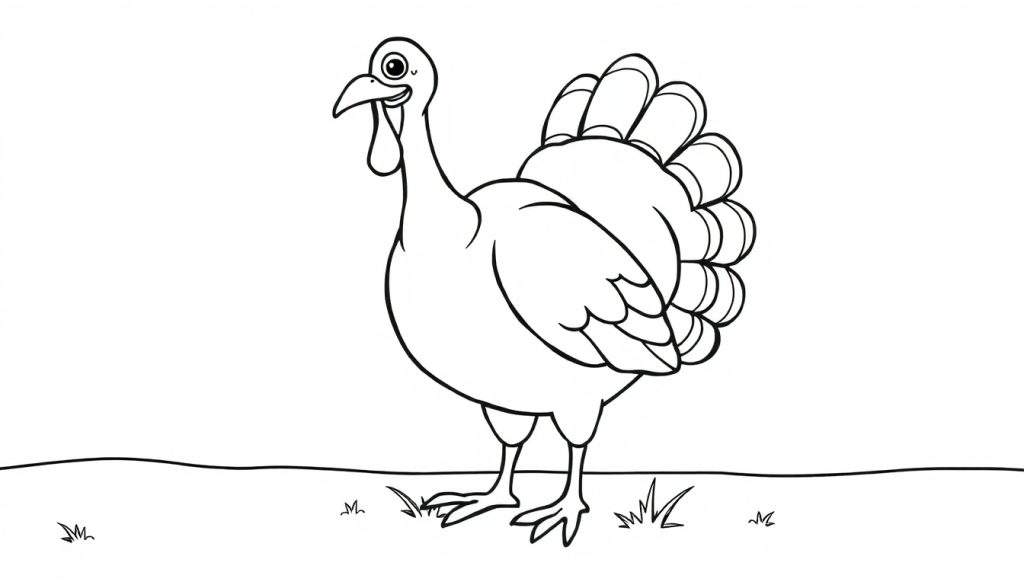 A black and white cartoon turkey coloring panel with spread tail feathers.