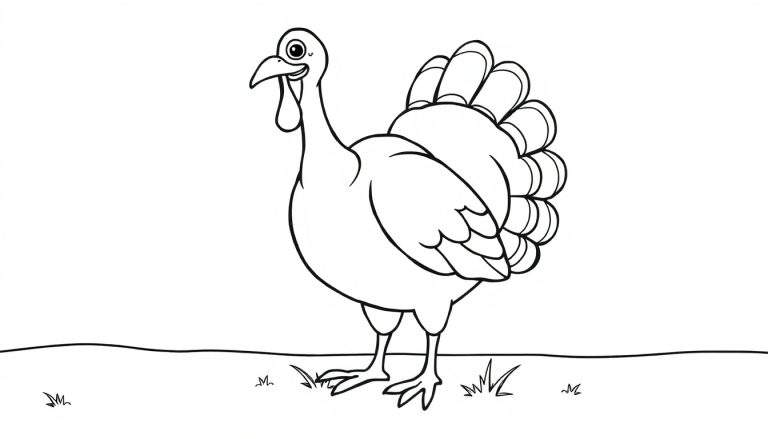 A black and white cartoon turkey coloring panel with spread tail feathers.