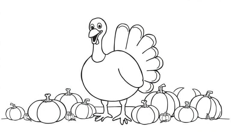 A coloring panel of a happy turkey with fanned tail feathers, surrounded by pumpkins.