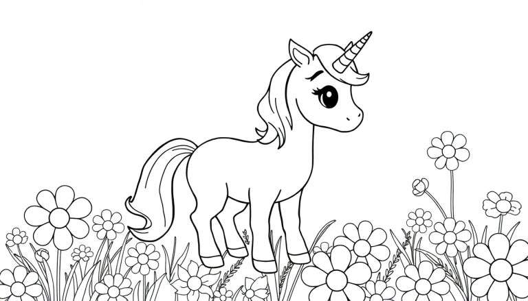 A happy unicorn in a flower field, ready for coloring. This cheerful color panel features a playful unicorn with a flowing mane and a sparkly horn, waiting to be brought to life with vibrant colors. Perfect for a fun coloring panel experience!