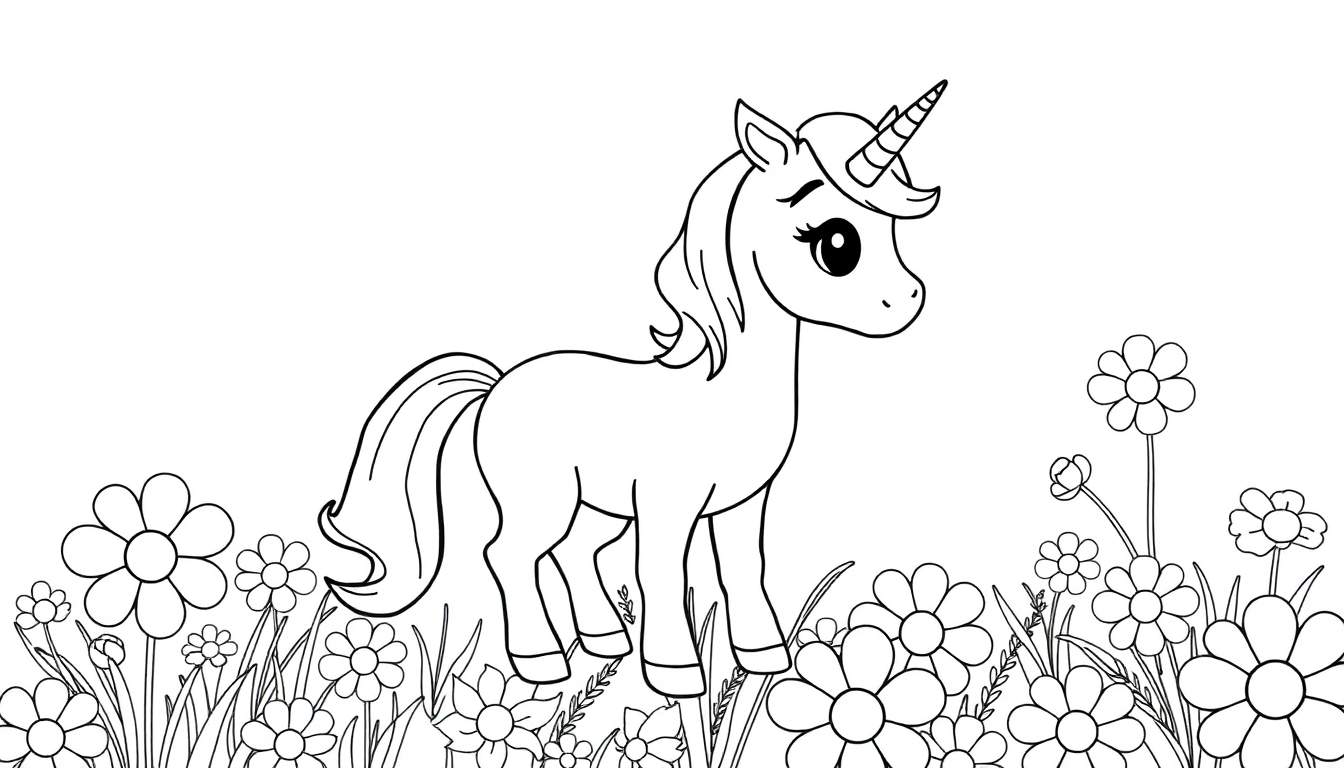 A happy unicorn in a flower field, ready for coloring. This cheerful color panel features a playful unicorn with a flowing mane and a sparkly horn, waiting to be brought to life with vibrant colors. Perfect for a fun coloring panel experience!