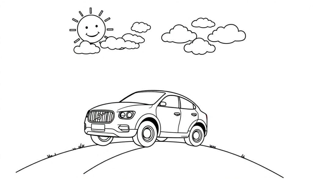 A cute black and white Volvo car on a hill under a sunny sky, perfect for a color panel.