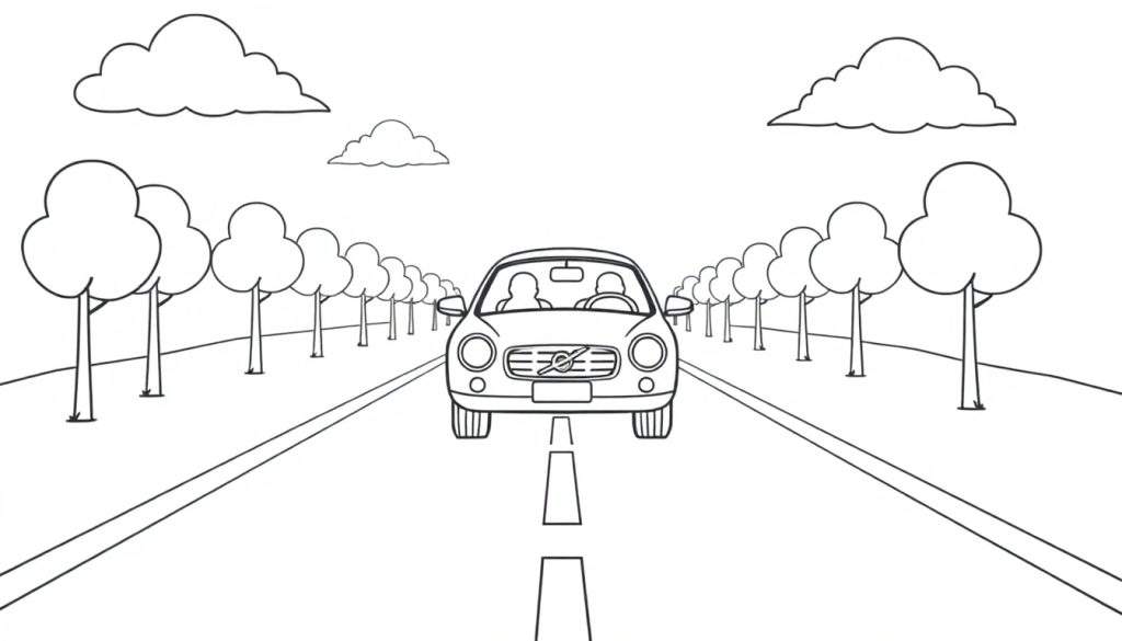 A cute Volvo car driving on a road with trees on both sides, a black and white color panel for kids.