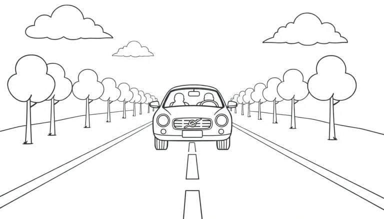 A cute Volvo car driving on a road with trees on both sides, a black and white color panel for kids.