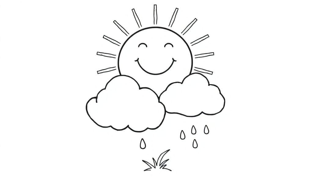 A black and white cartoon color panel of a happy sun, fluffy clouds, and rain.