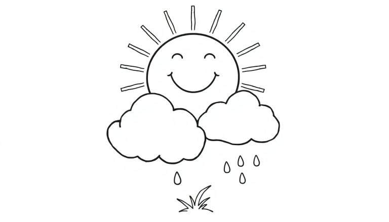 A black and white cartoon color panel of a happy sun, fluffy clouds, and rain.